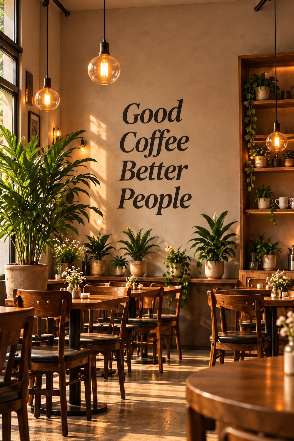 Dinding bertuliskan Good Coffee Better People